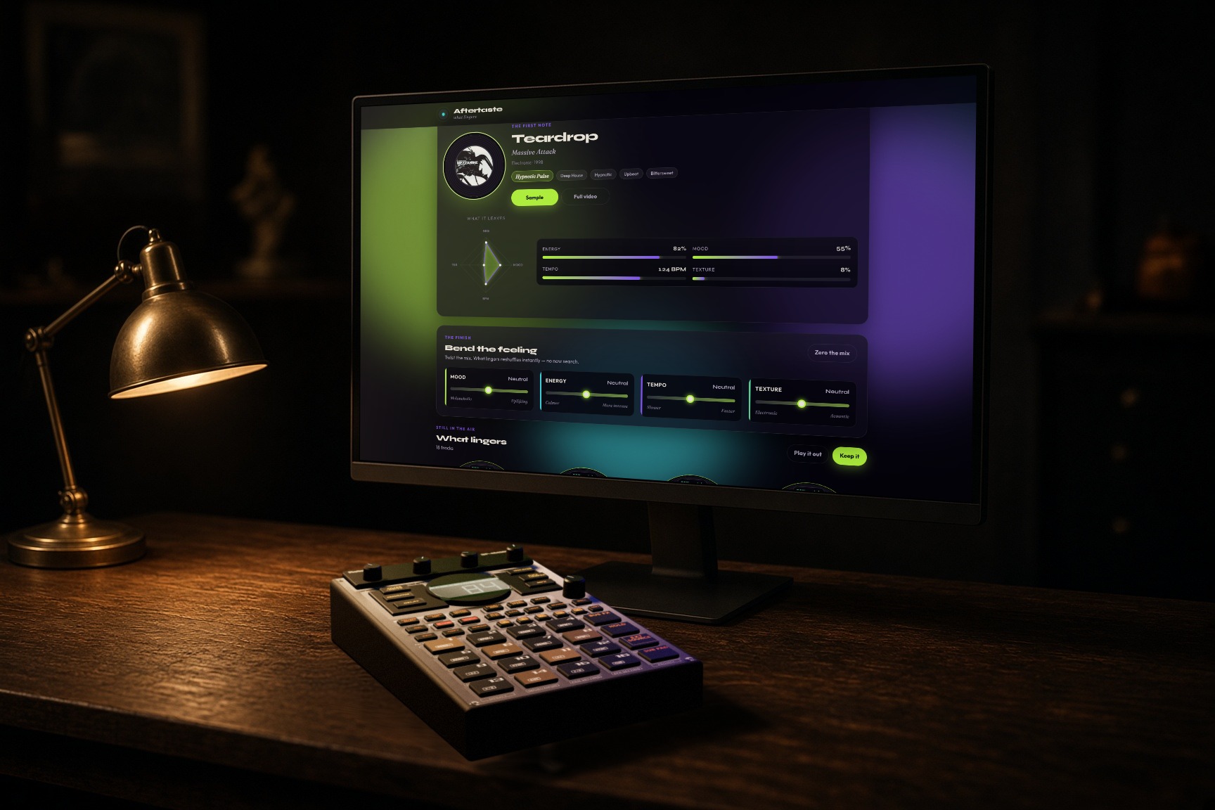 A monitor on a dark desk beside a brass lamp, an SP-404 sampler in front of it. The screen shows Aftertaste reading Teardrop by Massive Attack: a spinning record, a four-axis radar, and the sliders that bend the feeling.