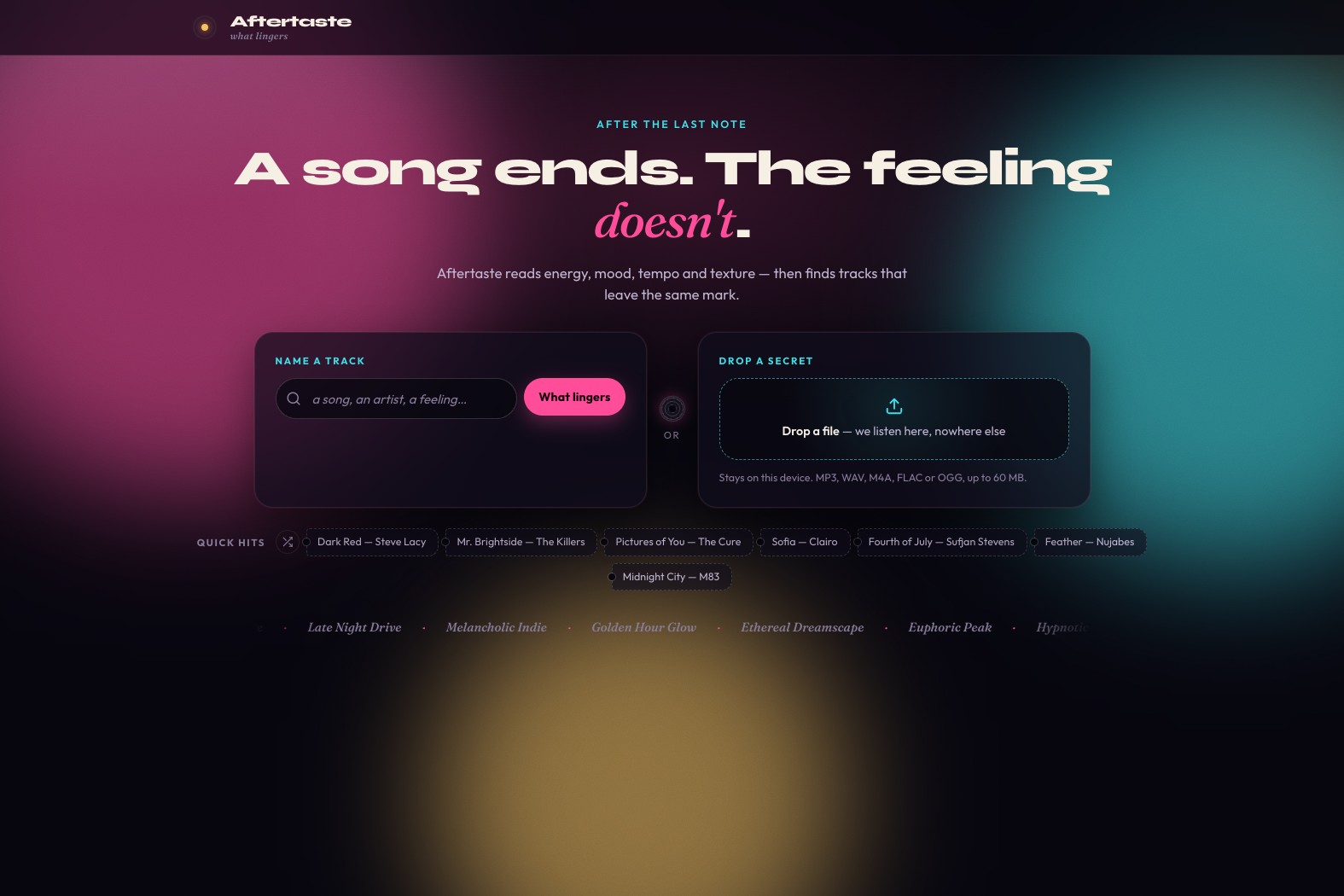 The Aftertaste front page: a song ends, the feeling doesn't. A search field and a drop zone for an audio file.