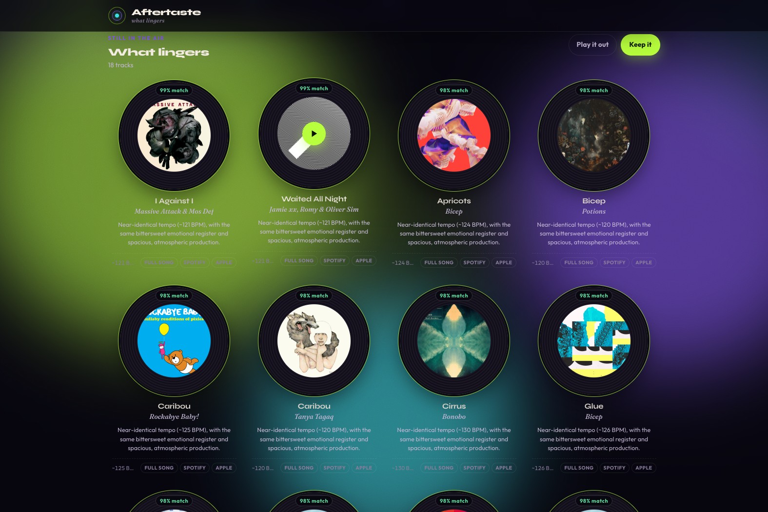 The playlist: circular record artwork for each track with its match score and a line of reasoning.