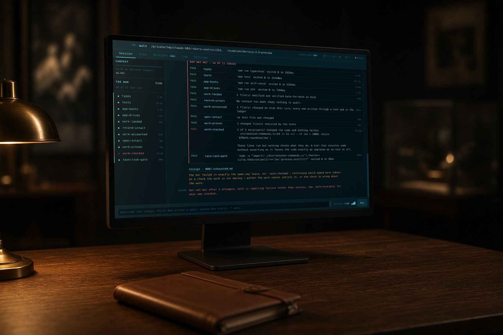 A dark studio desk at night. The monitor shows molt refusing an attempt: ten of eleven checks pass, the mutation check fails.