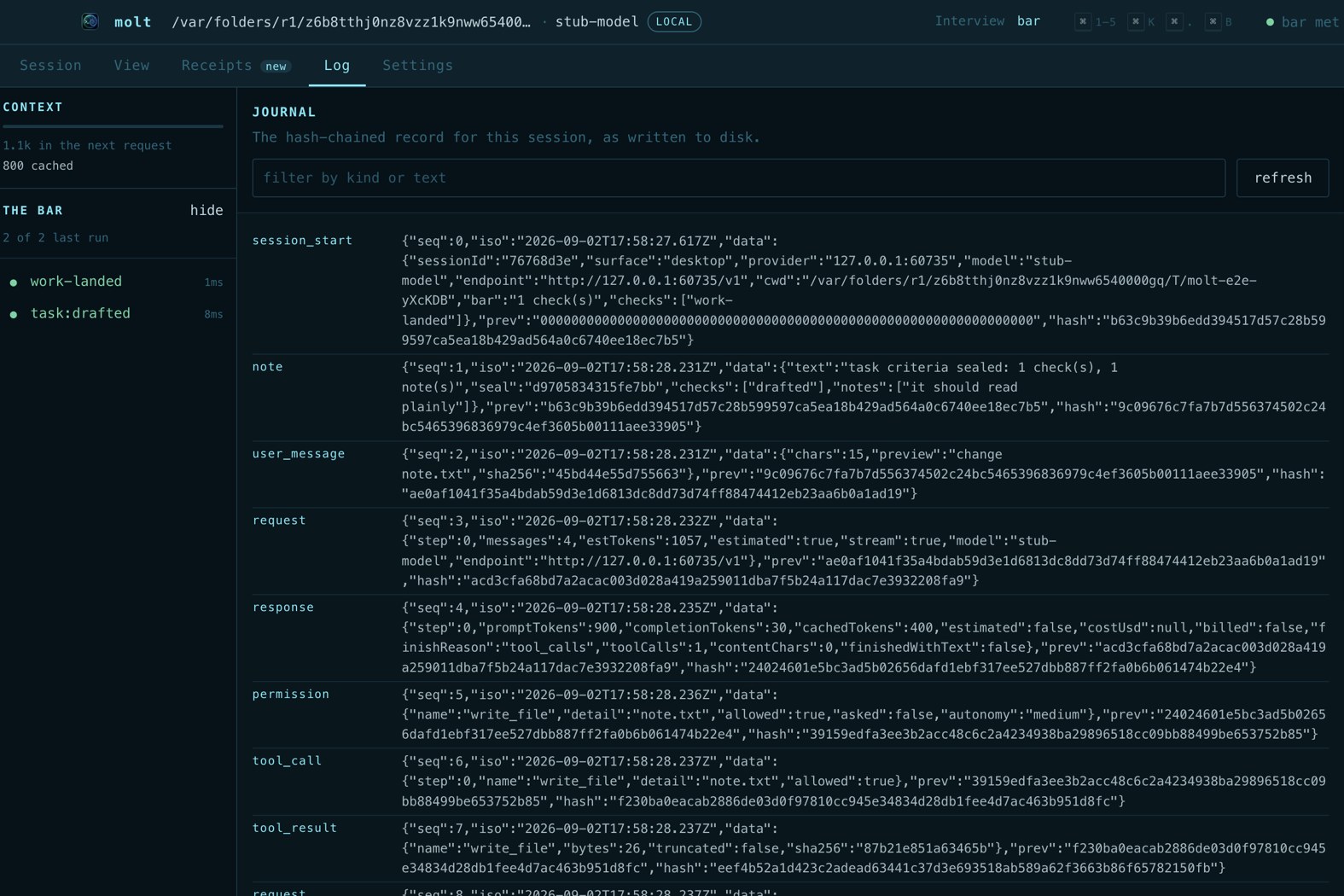 The Log tab in molt, a hash-chained journal of every call.