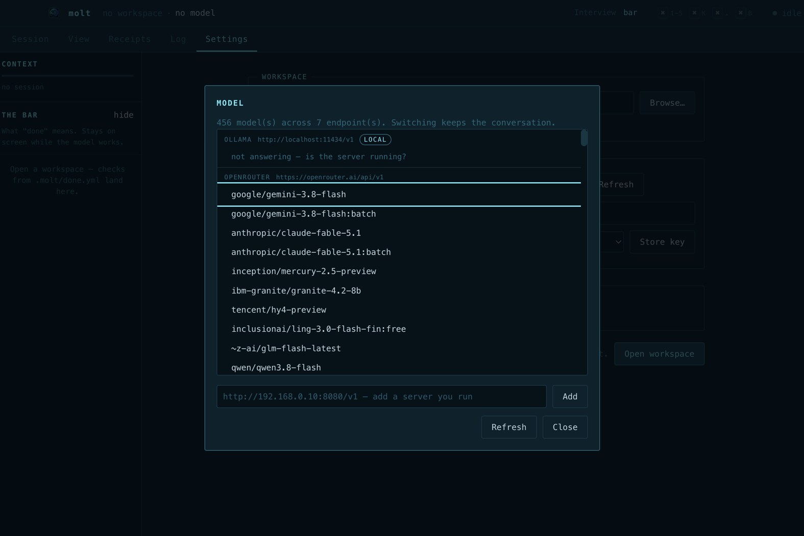 The molt model picker across every endpoint a key is held for.