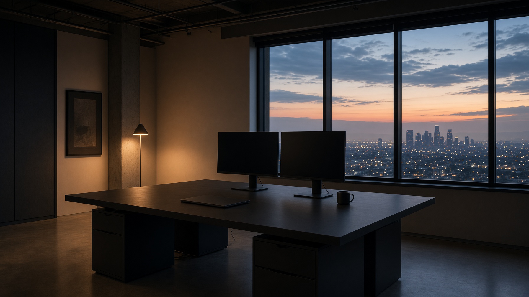 An empty software studio at dusk, a long dark desk and a window onto the city.