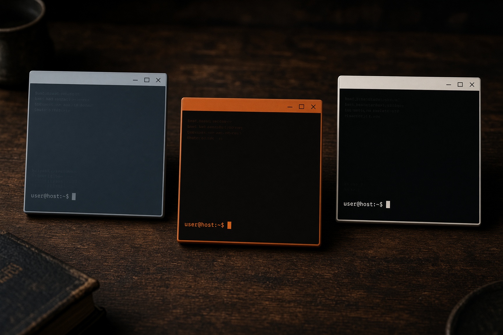 Three terminal windows on a dark wooden desk, each a different color theme: icy blue-gray, warm ember, and high-contrast bone on black.